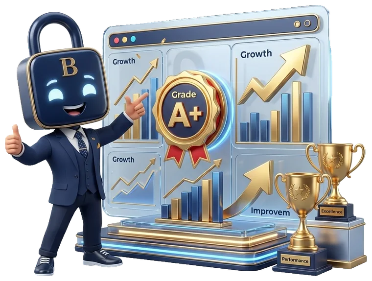 Mr Ban next to a Grade A+ badge, growth charts and trophies