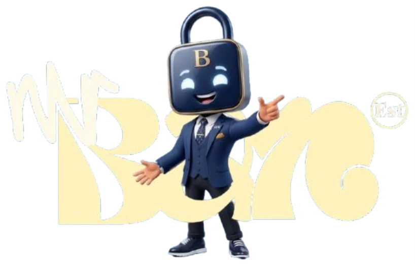 Mr Ban, a padlock-headed mascot in a navy suit, in front of the Mr Ban wordmark