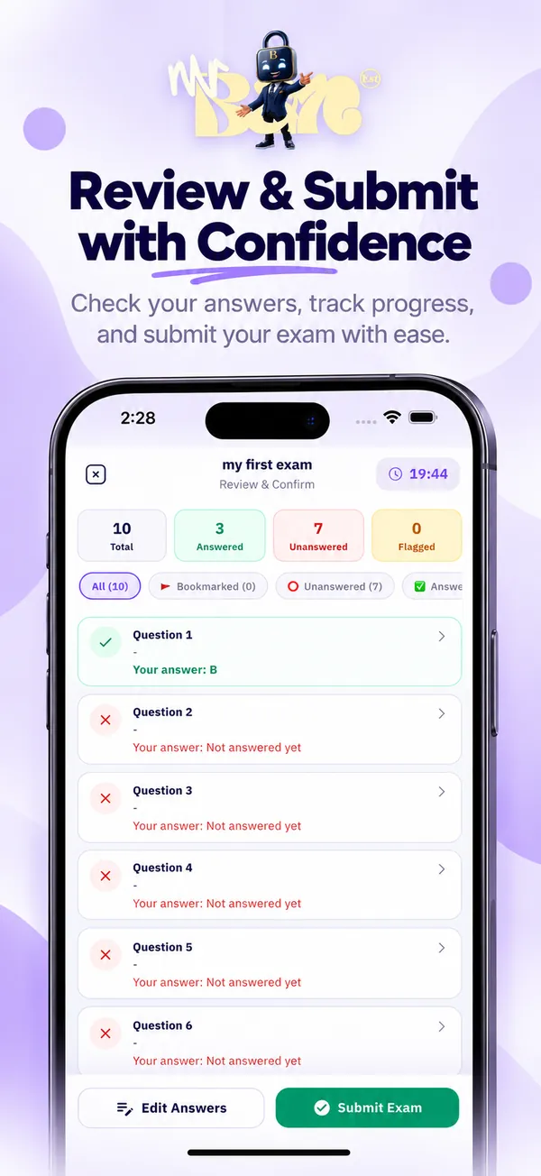 Review and submit screen showing answered, unanswered and flagged questions